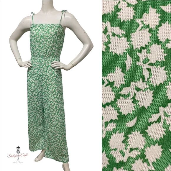 VINTAGE Handmade 70s 80s OOAK Green Polyester Floral SpaghettiStrap Jumpsuit S M - Picture 2 of 16